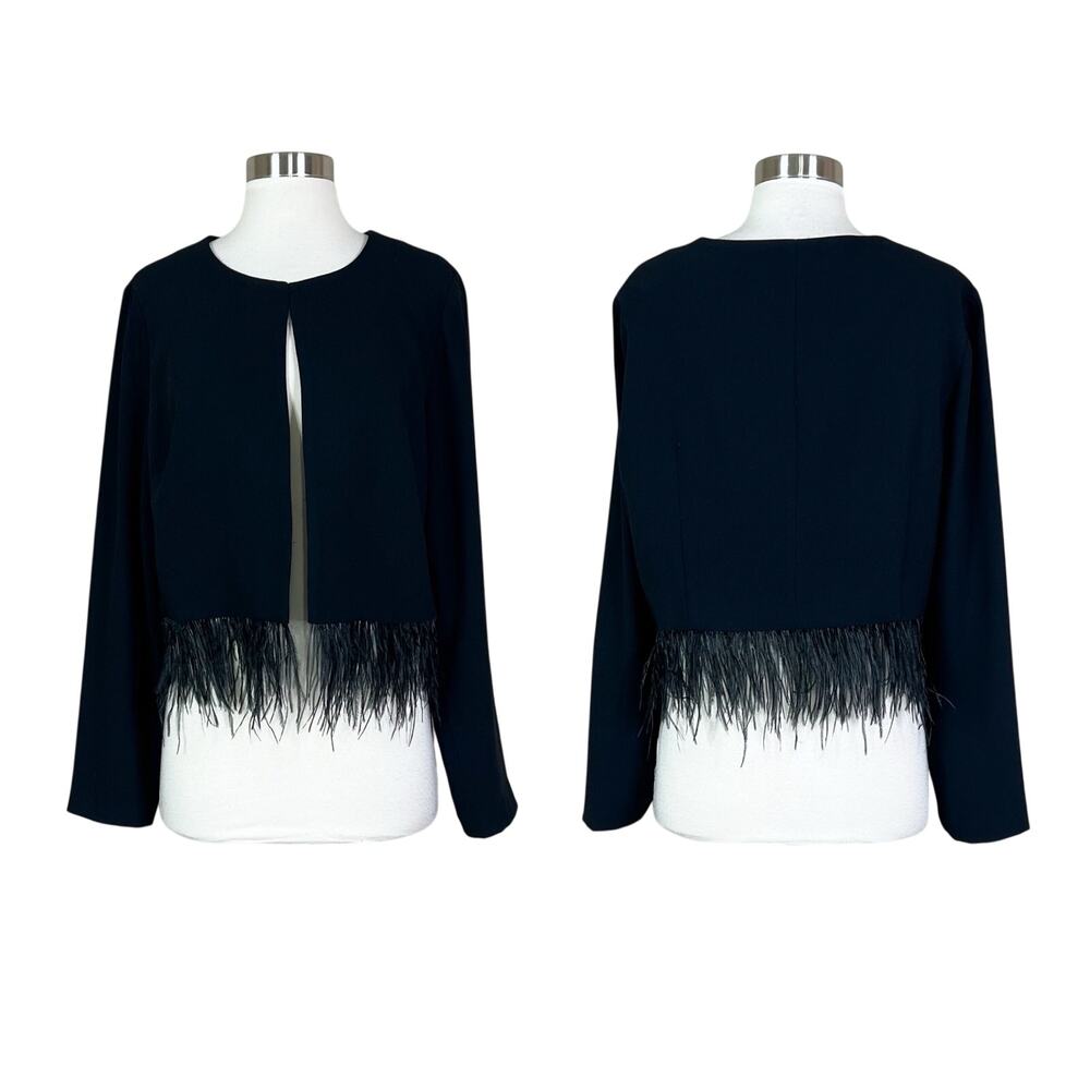 White House Black Market | Black Feather Hem Open Front Cropped Jacket Blazer L - Picture 8 of 8
